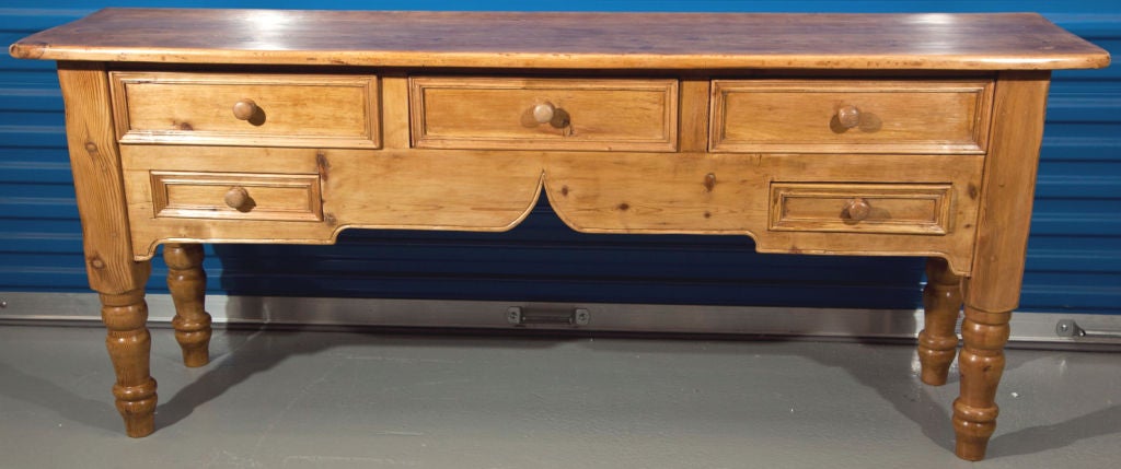 English country solid pine wood server or console table.  Lovely grained wood, and 5 drawers for storage.