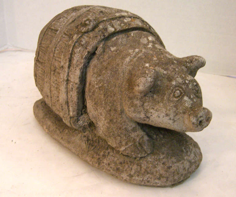 English Cast Stone Piggy in a Barrel Garden Ornament