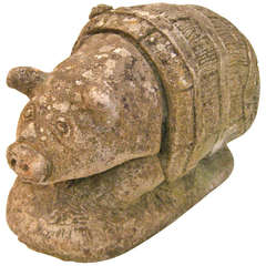 Vintage Cast Stone Piggy in a Barrel Garden Ornament
