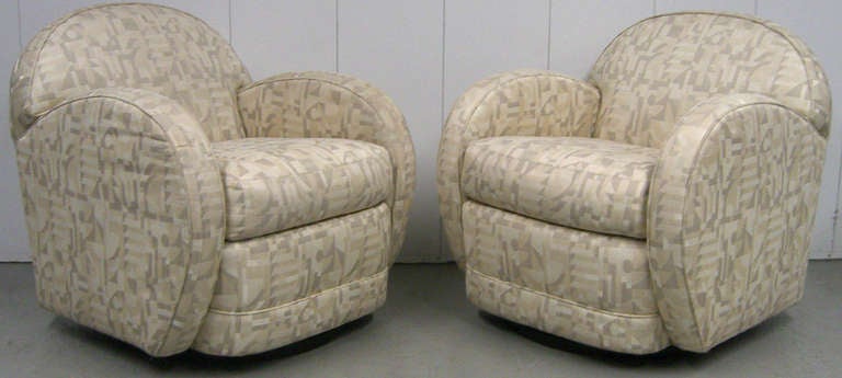 Four swivel club chairs with an Art Deco meets Modernism Design. Original 1970's upholstery.  Priced as four, but can be sold as pairs.