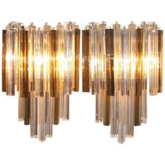 Pair of Large Venini Smoked and Clear Triedri Glass Sconces 3