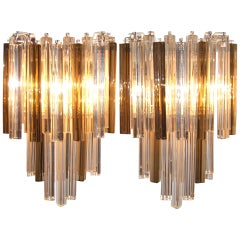 Pair of Large Venini Smoked and Clear Triedri Glass Sconces