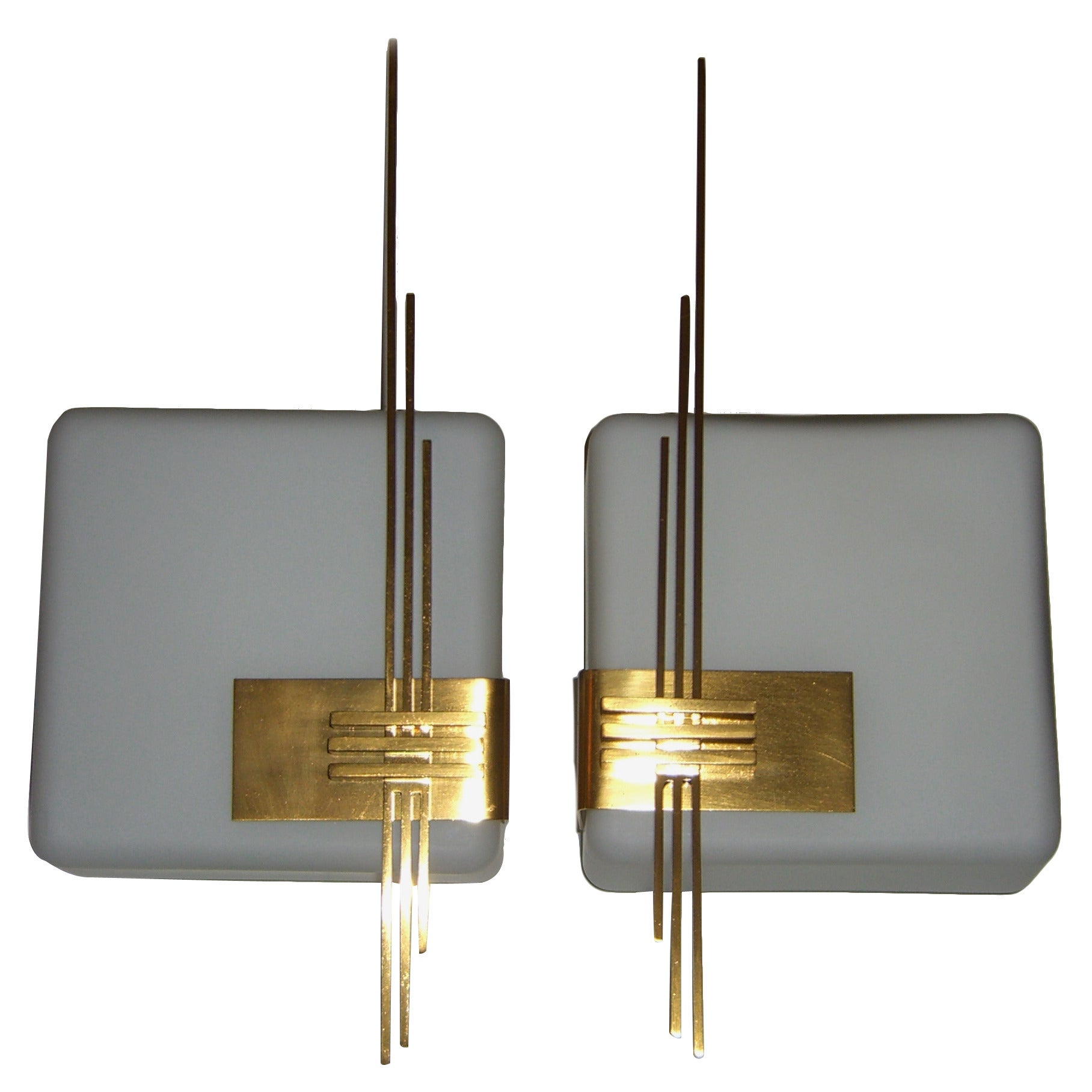 Pair of Mid-Century White Glass Wall Lights with Gold Plated Embellishment For Sale