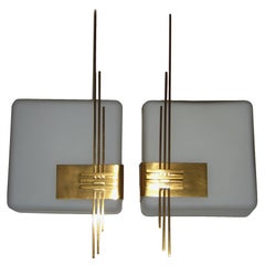 Pair of Mid-Century White Glass Wall Lights with Gold Plated Embellishment