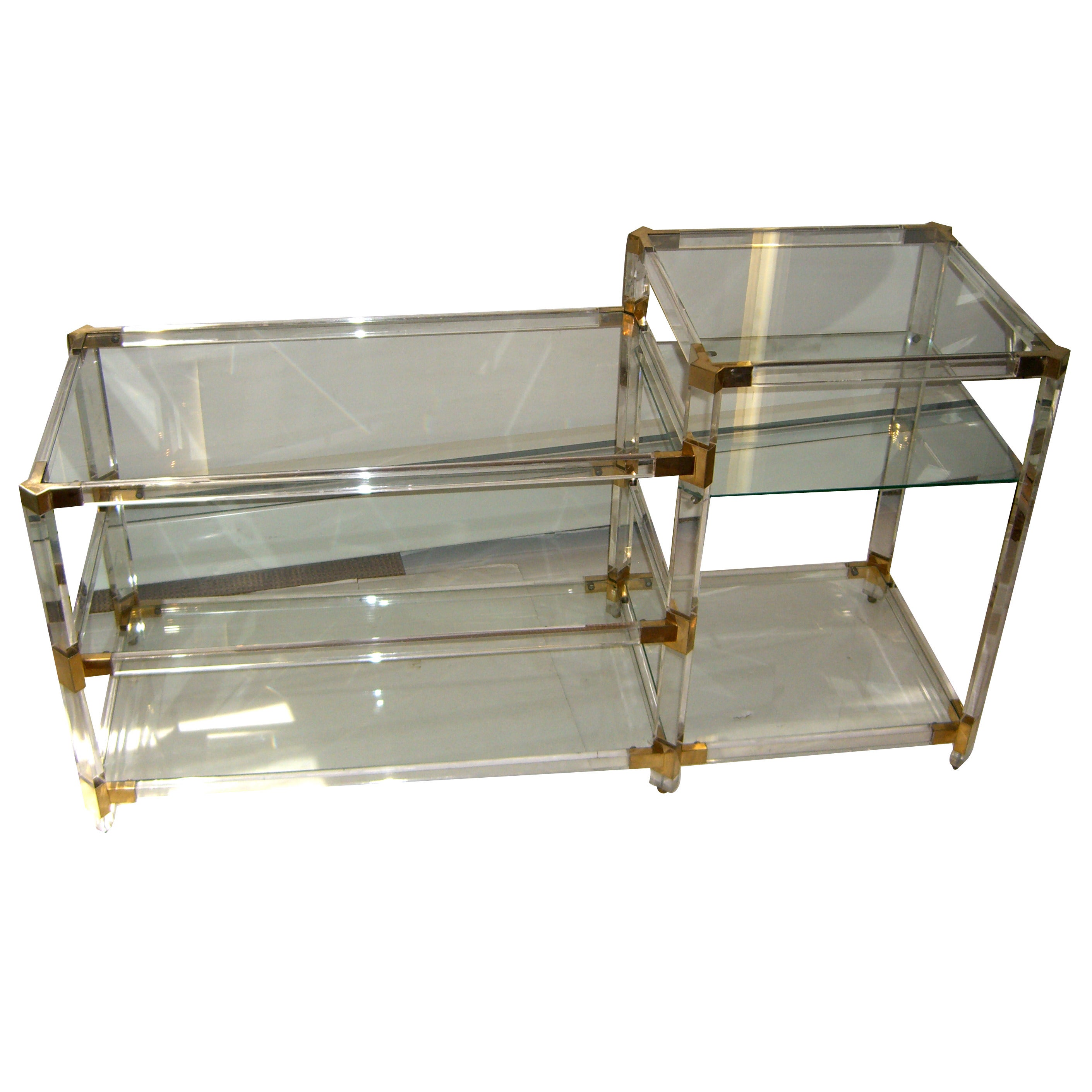 French 1970s Lucite Console with Glass Shelves For Sale
