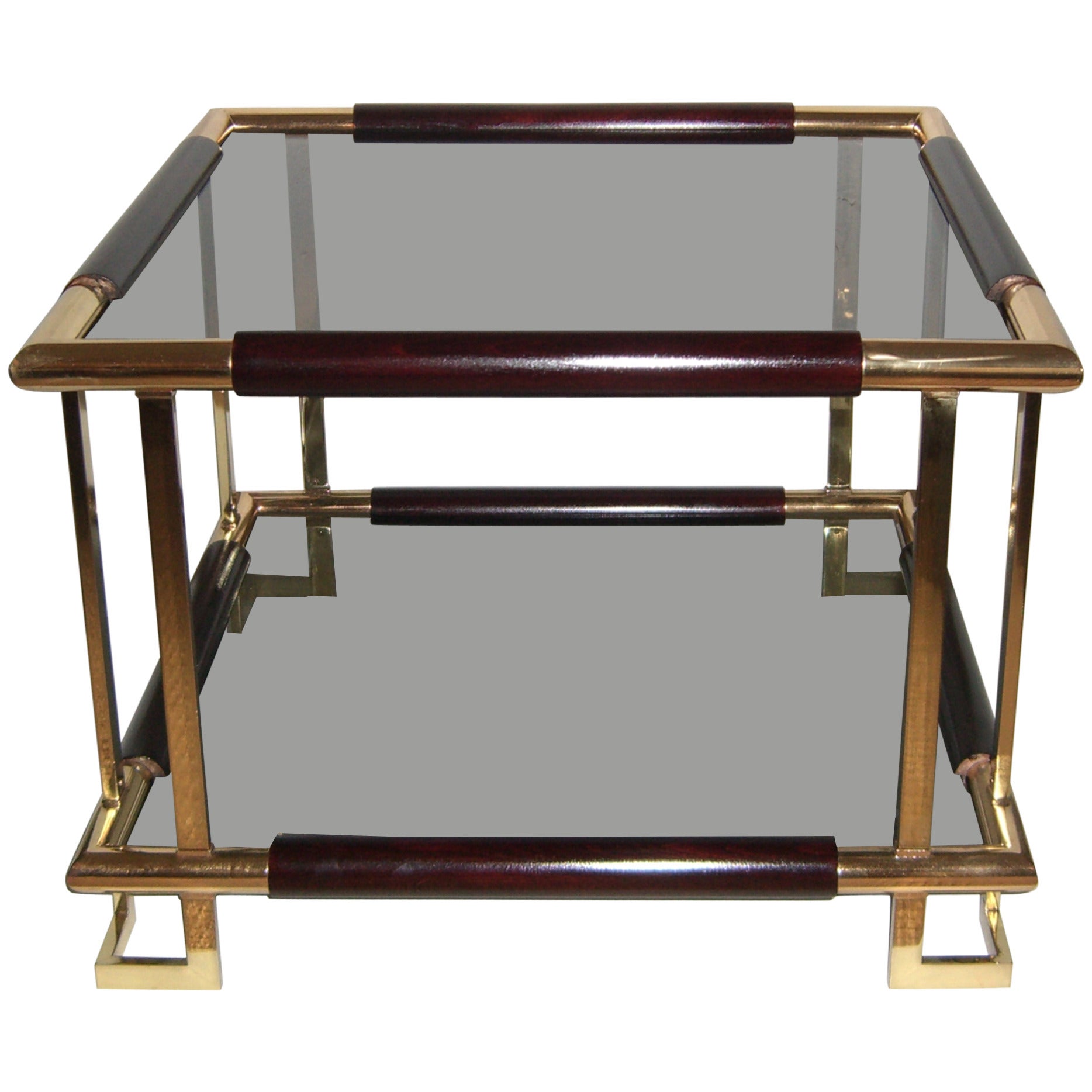 Mid-Century French Brass, Wood and Smoked Glass Side Table