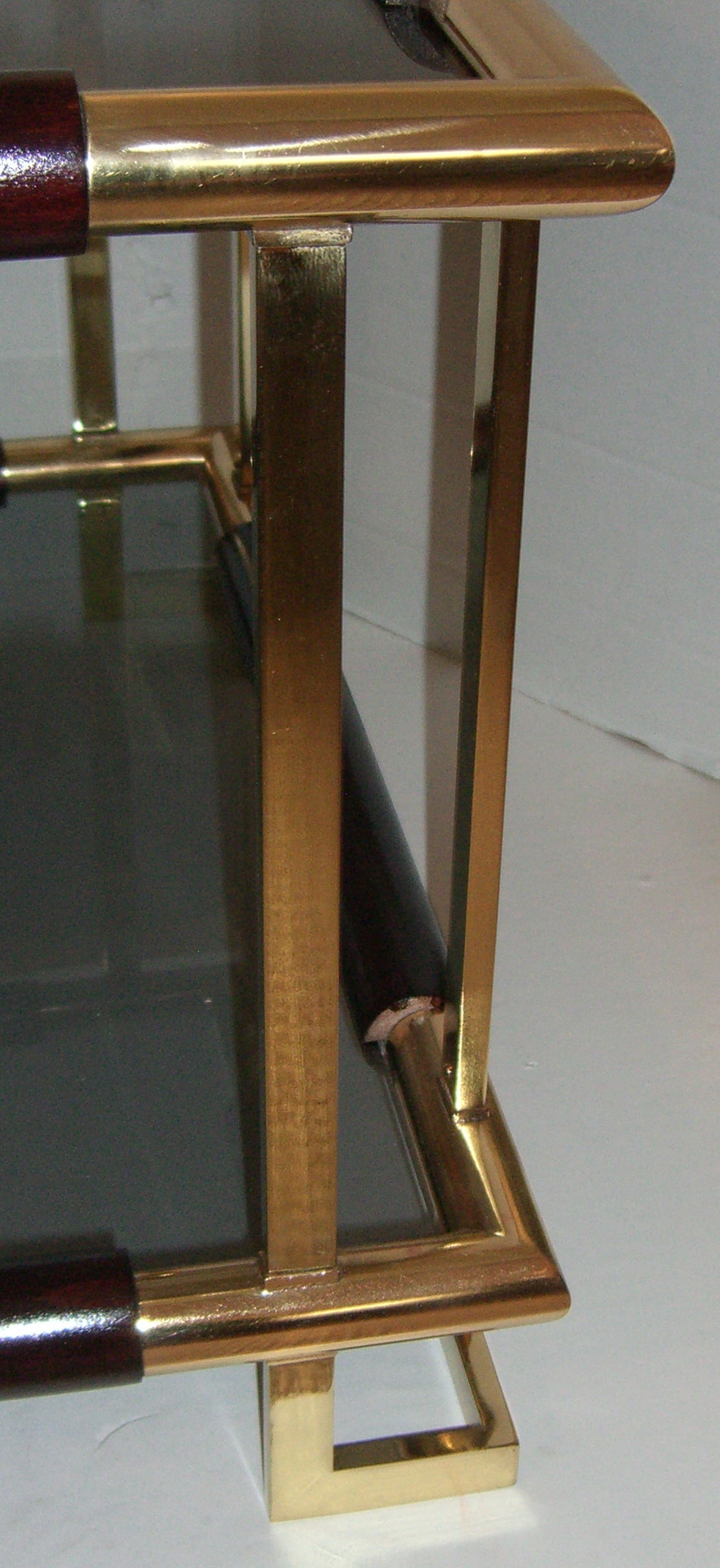 Modern Mid-Century French Brass, Wood and Smoked Glass Side Table