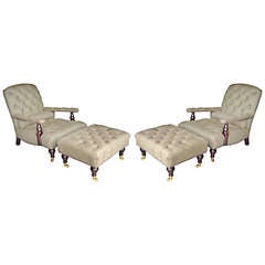 A Pair of George Smith Edwardian Style Armchairs with Ottomans