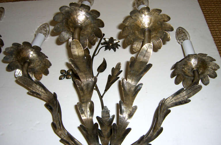 Bronze Pair of Vintage French Hand-Hammered Flower Design Wall Lights For Sale