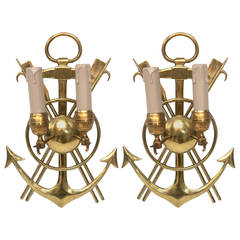 Pair of Vintage French Solid Brass Nautical Design Wall Lights