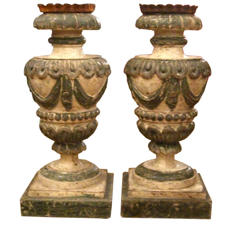 A Pair of Large Italian Carved Wood Candle Holders For Sale
