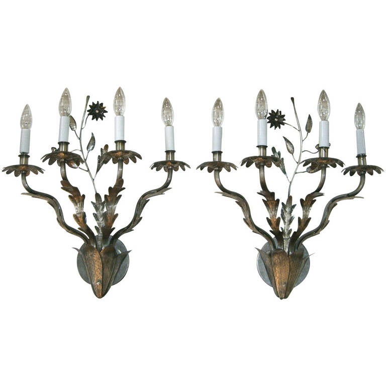 Pair of Vintage French HandHammered Flower Design Wall Lights For Sale