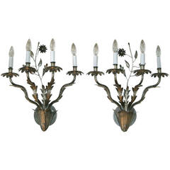 Pair of Vintage French Hand-Hammered Flower Design Wall Lights