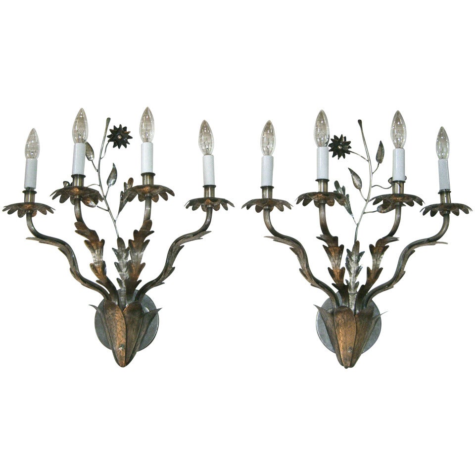 Pair of Vintage French Hand-Hammered Flower Design Wall Lights For Sale