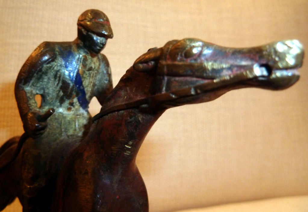 20th Century French Painted Brass Horse & Jockey Mounted Figure