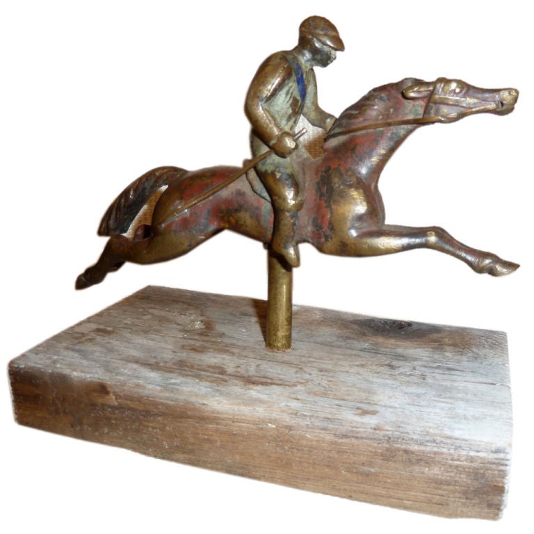 French Painted Brass Horse & Jockey Mounted Figure