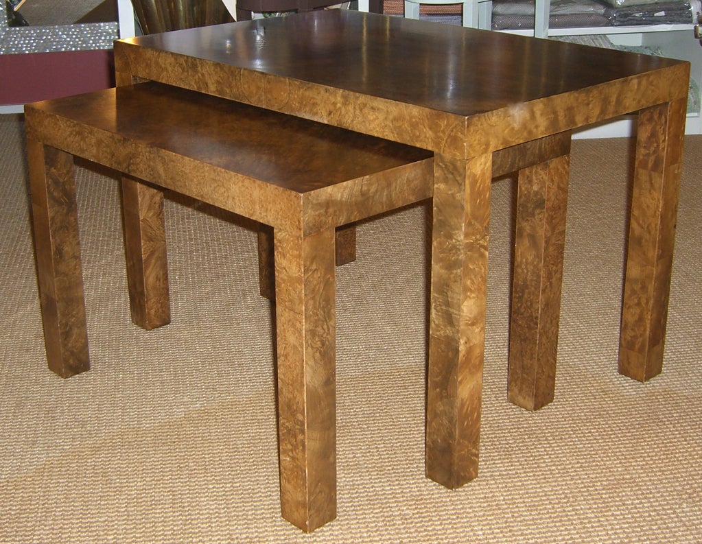 Designed by Milo Baughman for Directional in 1975. Burl wood Parsons style nesting end tables.