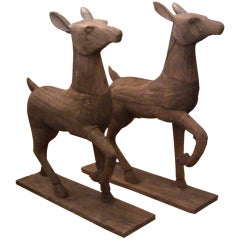 Unique Pair of Carved Wood Prancing Deer Figures