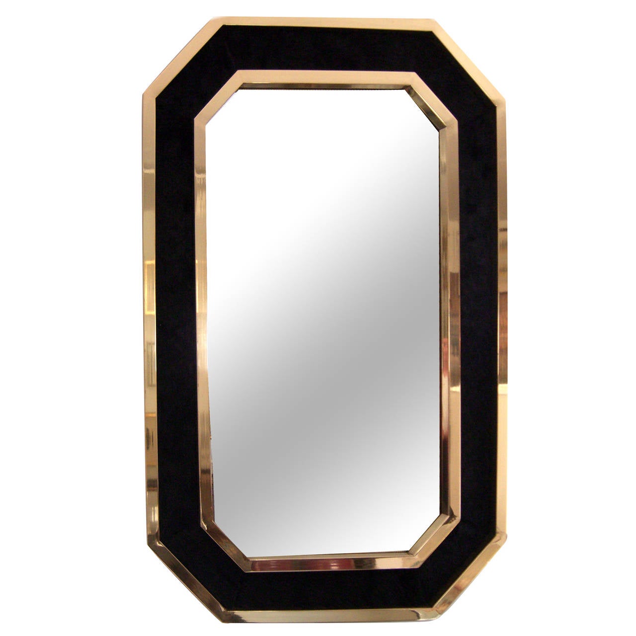 Vintage French Black Cowhide and Brass Framed Wall Mirror at 1stDibs