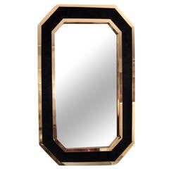 Vintage French Black Cowhide and Brass Framed Wall Mirror