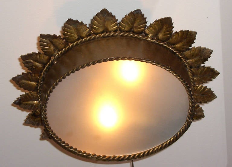 1940s French Gilt Metal Sunburst, Semi Flush Mount Ceiling Light In Excellent Condition In Mt Kisco, NY