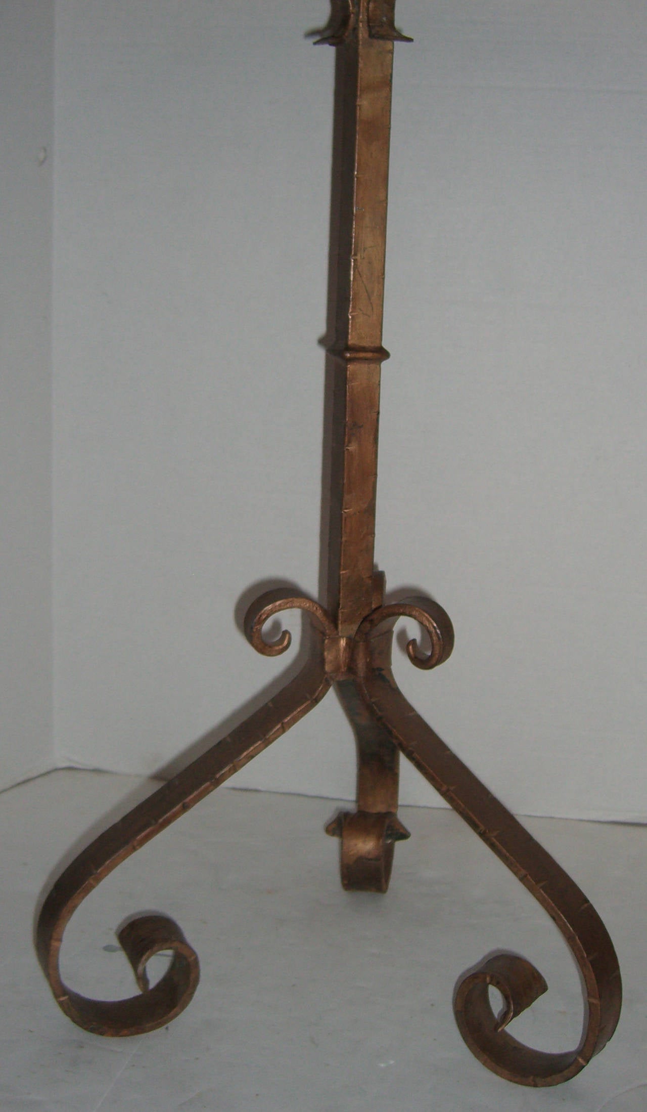 Handcrafted Table with Patinated Metal Top and Antique Iron Candle Stand Base In Excellent Condition In Mt Kisco, NY