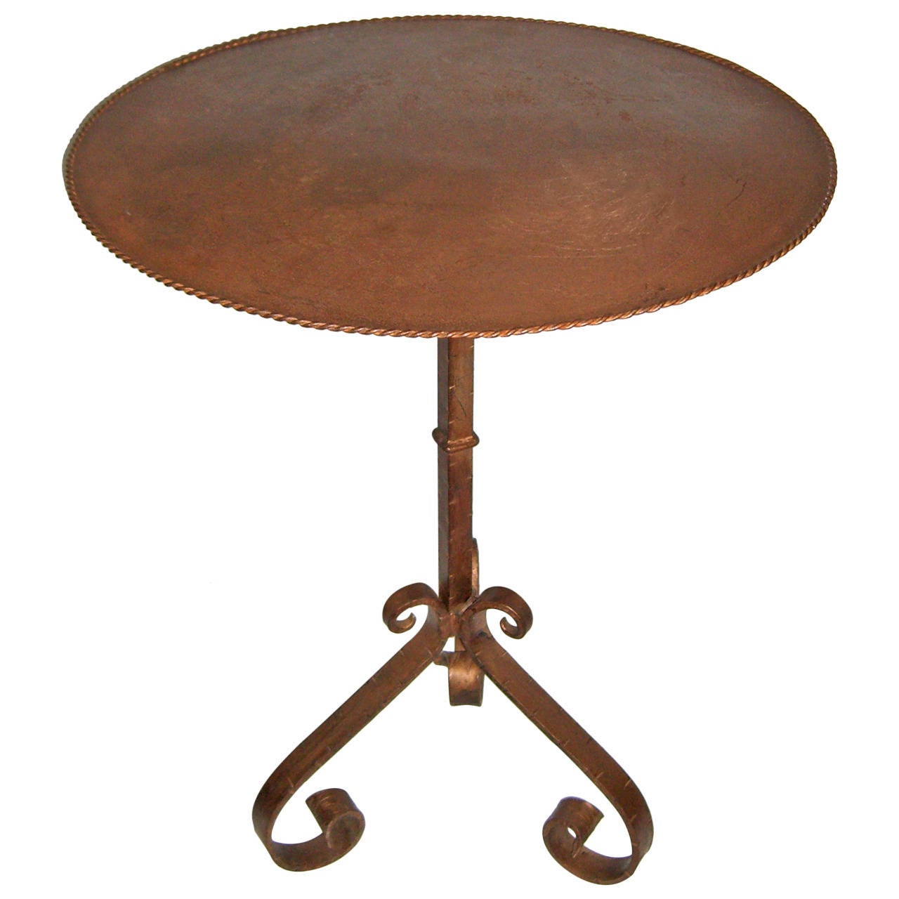 Handcrafted Table with Patinated Metal Top and Antique Iron Candle