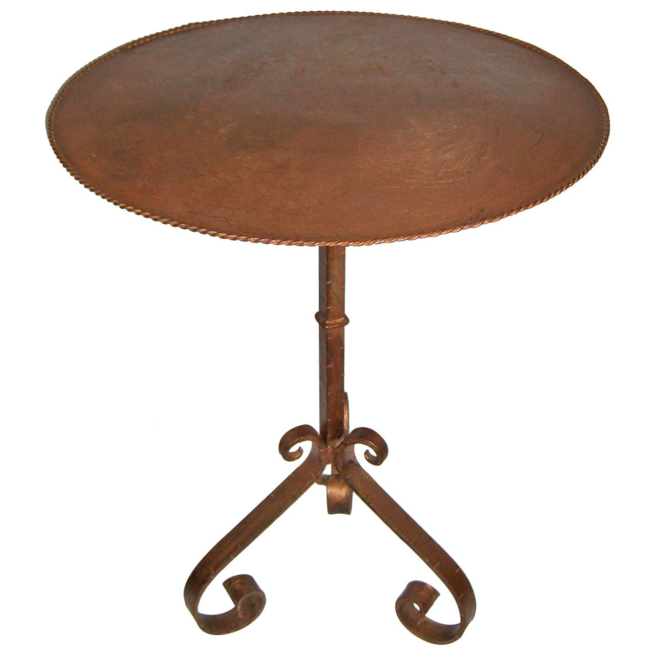 Handcrafted Table with Patinated Metal Top and Antique Iron Candle Stand Base