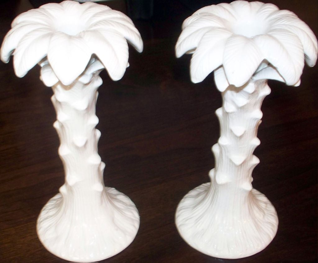Beautiful pair of high shine palm tree candle holders signed 
