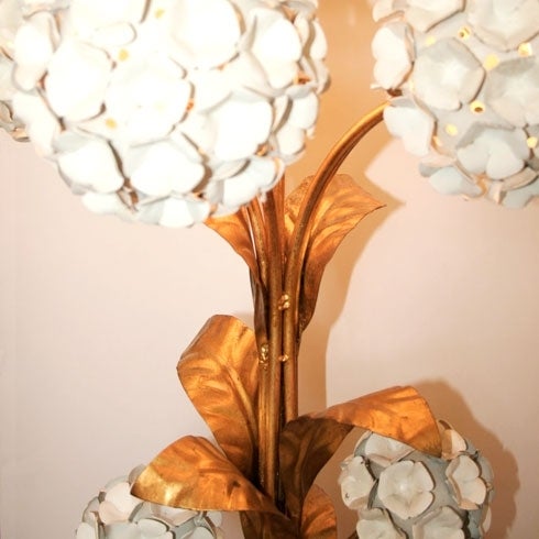 Standard Lamp of 'gilded' brass, in the form of flowering hydrangeas, each flower made up of enameled petals, the highest five blooms working as lights - so romantic and very flattering!