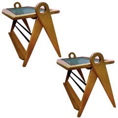 Awesome French Riviera Pair of Side Table With Scissor Look in Oak and Cane