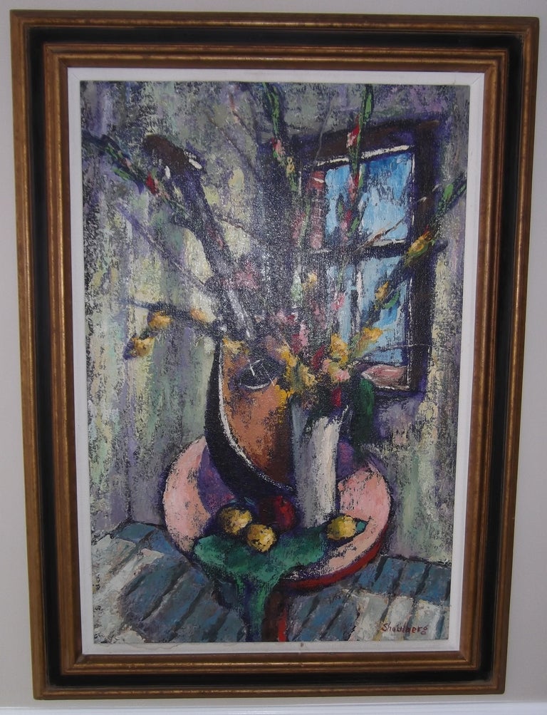 Important mid-century Modernist tabletop floral still life oil painting by well listed New York artist, Harry Shoulberg  (1903-1995). Large original oil painting, excellent condition. Investment Quality.

Beautifully executed original oil on heavy