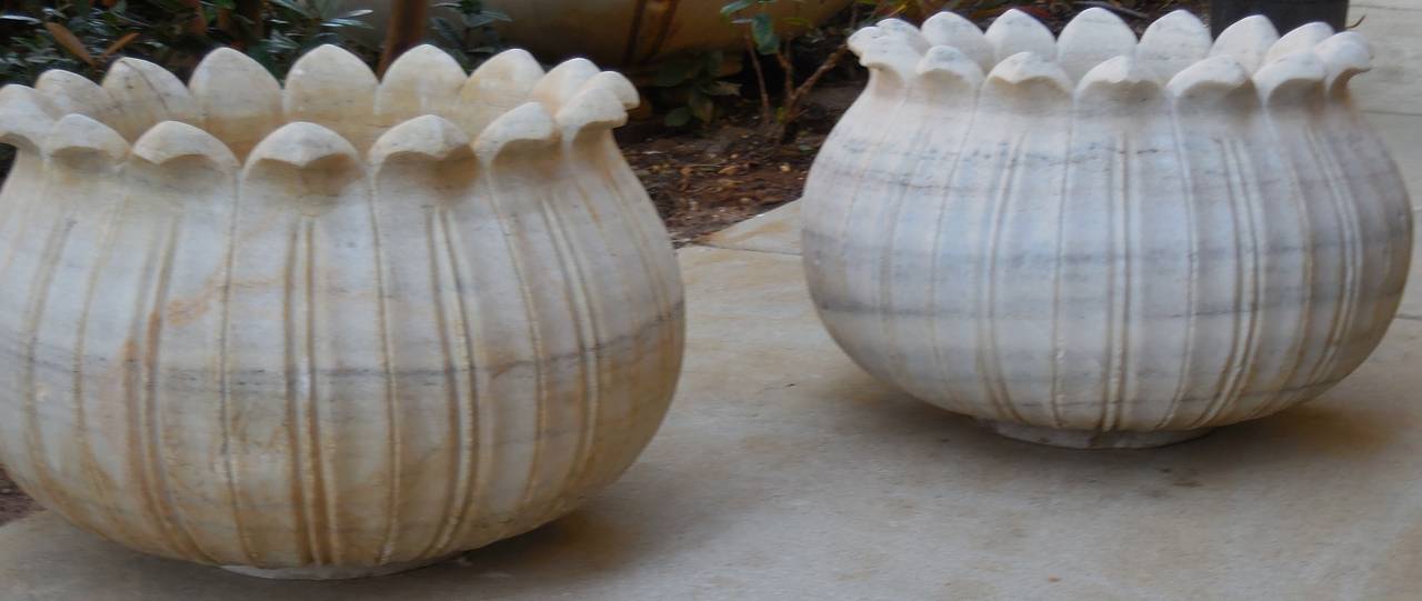 Unusual pair of architectural marble planters, cream and white colors with gray and cream vines.
Size of each :
1. 14