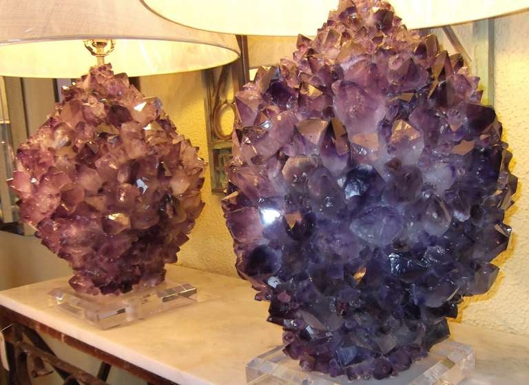 American Pair of Amethyst Rock Crystal Lamps