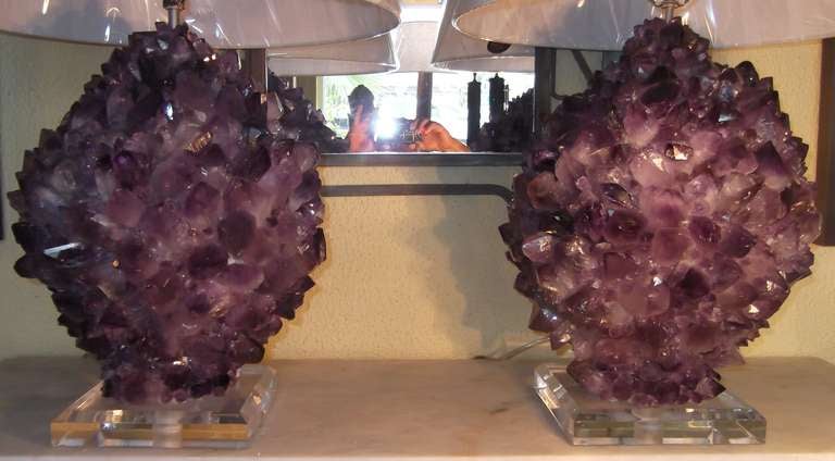 20th Century Pair of Amethyst Rock Crystal Lamps