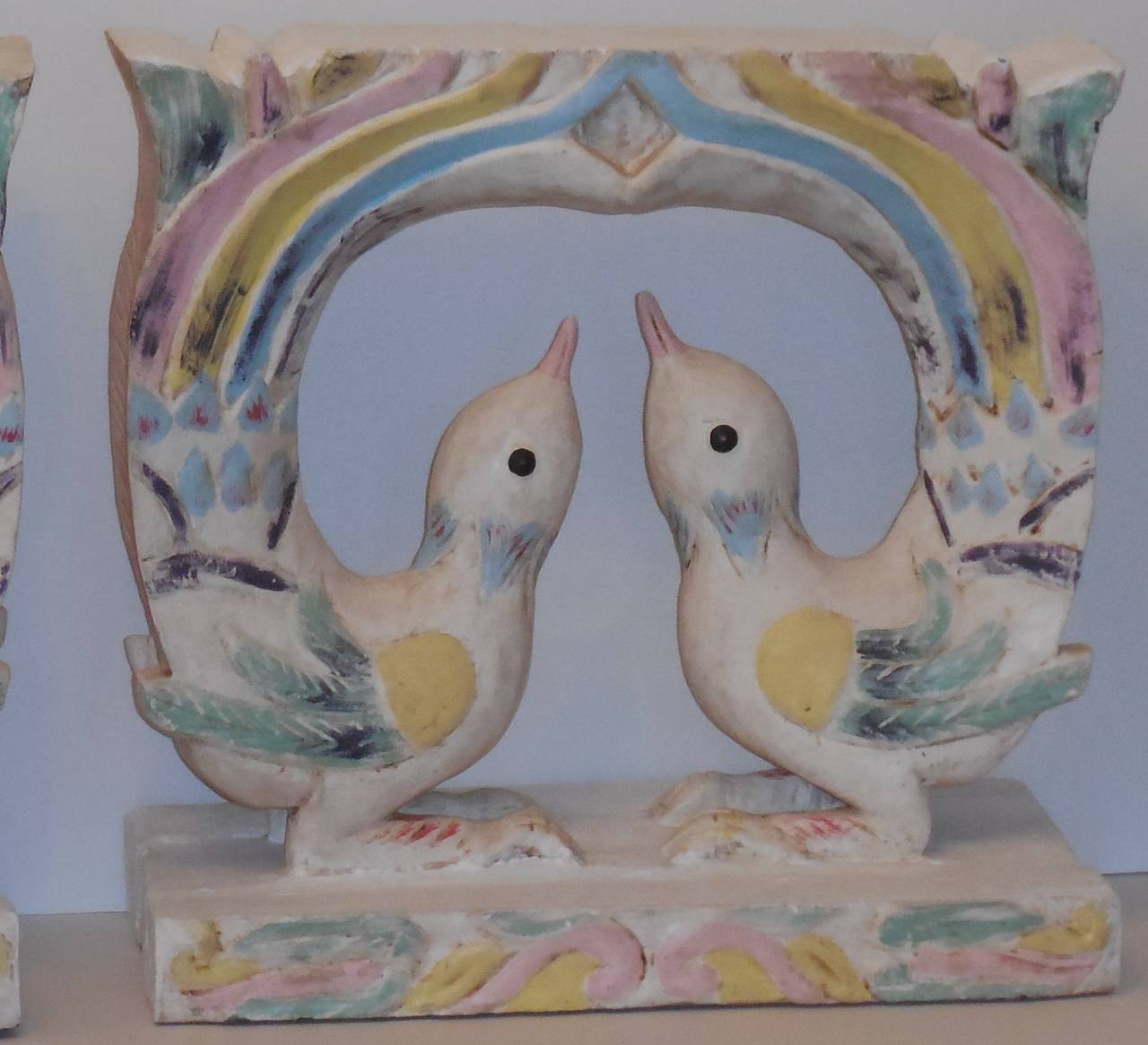 Paint Pair of Wood Carved Dove Sculptures