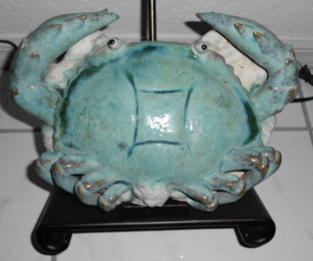 Pair of Turquoise Crab Table Lamps In Excellent Condition In Delray Beach, FL