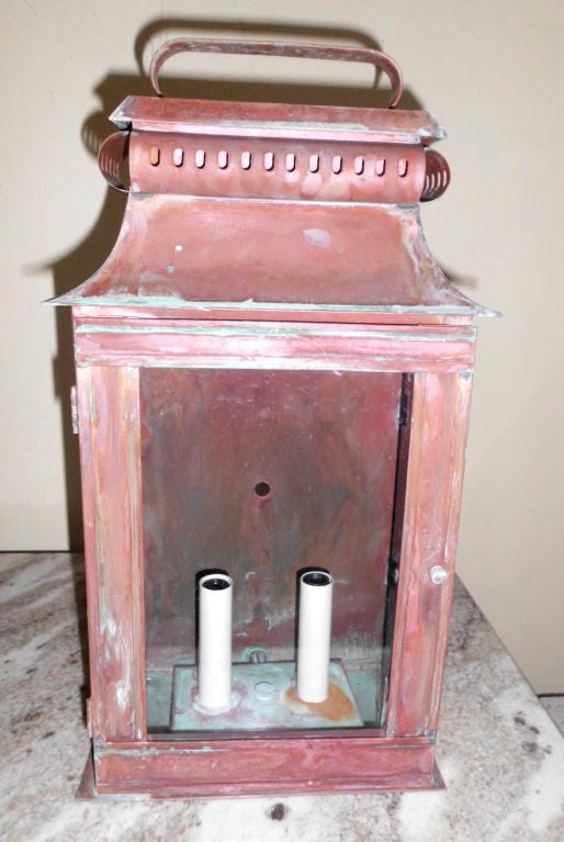 Pair of Copper Wall Lanterns In Excellent Condition In Delray Beach, FL