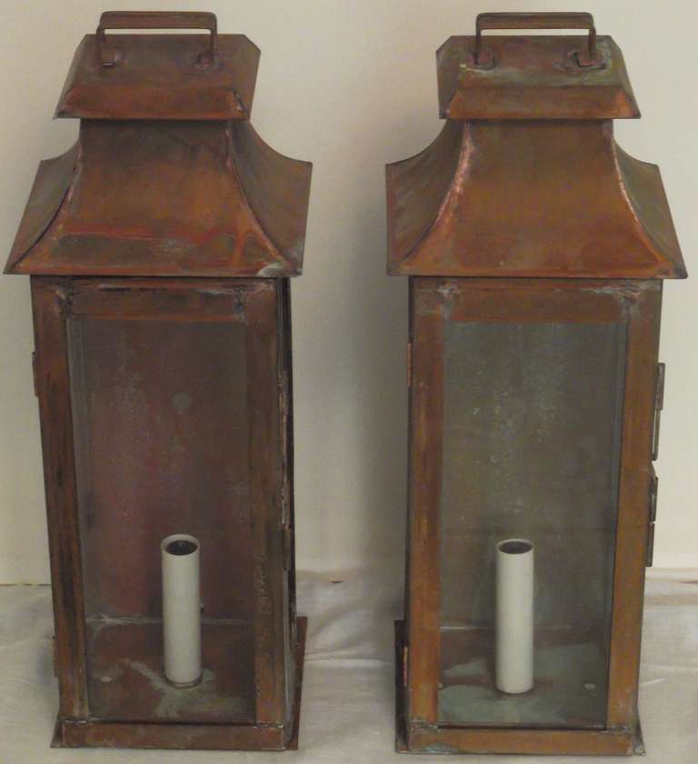 Beautifully weathered pair of copper lantern ,wired with one 60/watt light
UL approved 
Ready to hang .