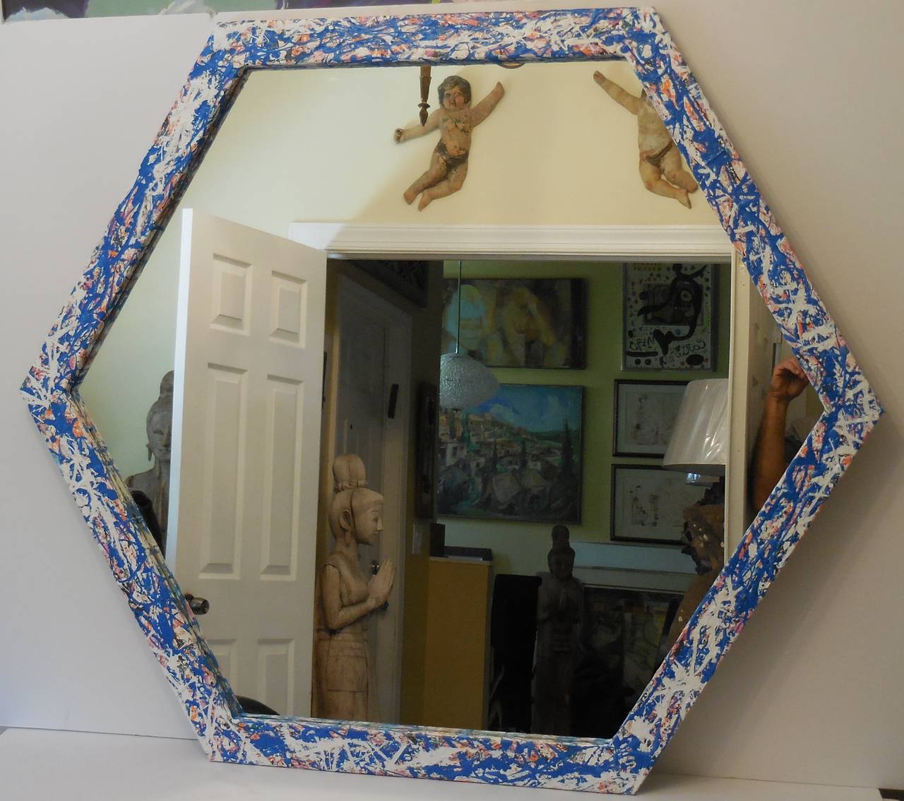 20th Century Six Sides Abstract Drip Painted Mirror For Sale
