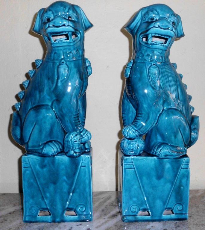 Pair of dogs made of ceramic in great turquoise colore .