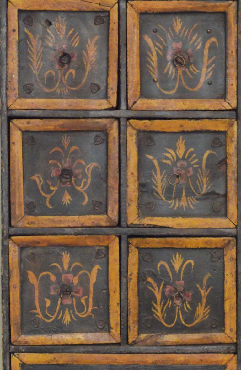 Hand-painted antique jewelry chest with six compartment, painted all over with Indian motif.
The sizes is unusual, could even hang on the wall.