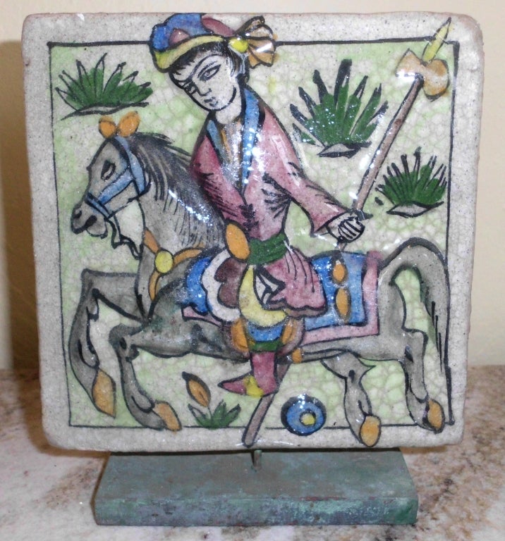 Mid-20th Century old persian tile of a polo player