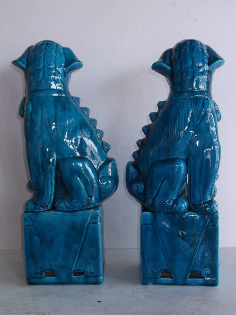 Pair of 1960's Turquoise Porcelain Foo Dogs In Excellent Condition In Delray Beach, FL