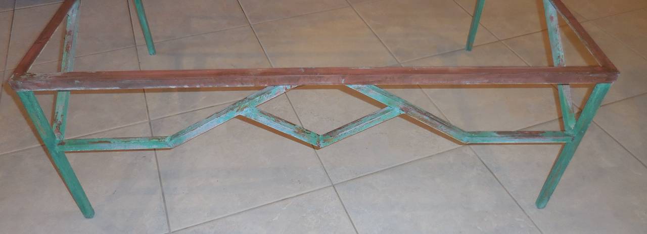 Beautifully weathered coffee table made of brass with diamond cut design,
size of the legs is 3/4 x 3/4,
size of the top frame is 1x1.
Total size of the table is 
38