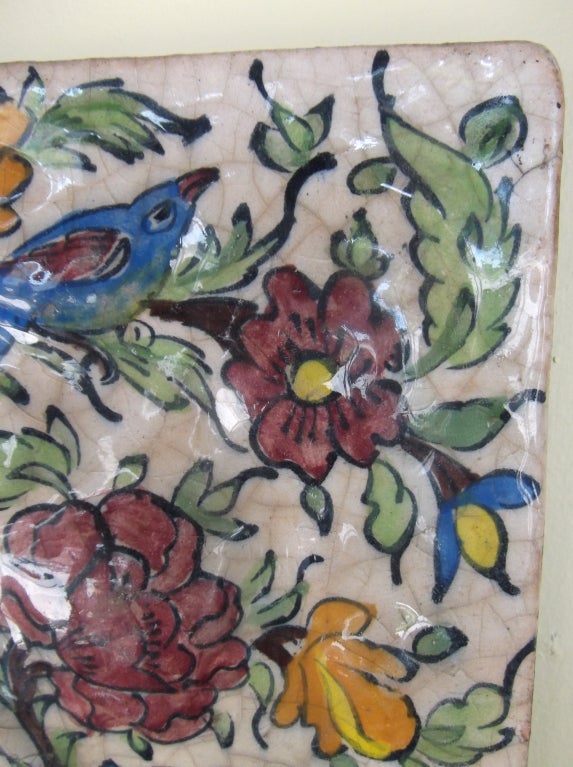 Embossed Persian tile hand painted and glazed  with four birds