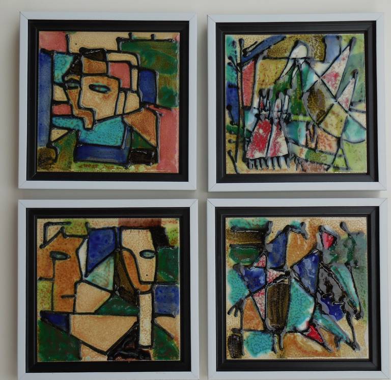 Beautiful hand-painted ceramic tiles by famous artist Harris G. Strong,
Each tile has different abstract subject with beautiful vivid colors, all four tile are fitted in very attractive floater frame in black inner and white outside.

One of a