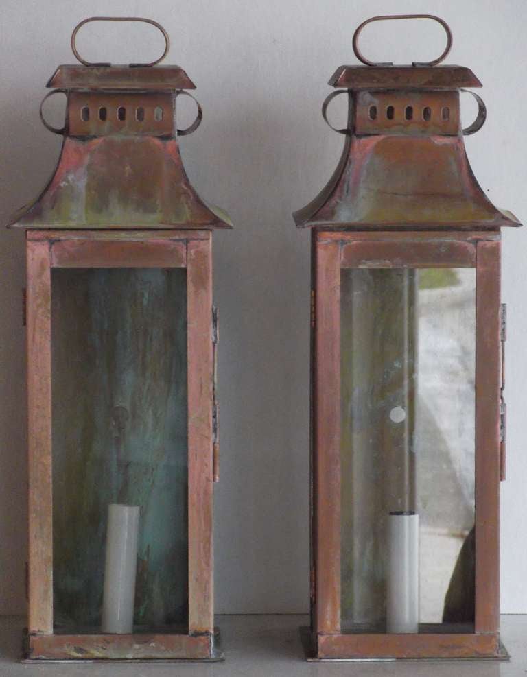 Pair of weathered copper wall lantern ,wired with one 60/watt
Light UL approve .