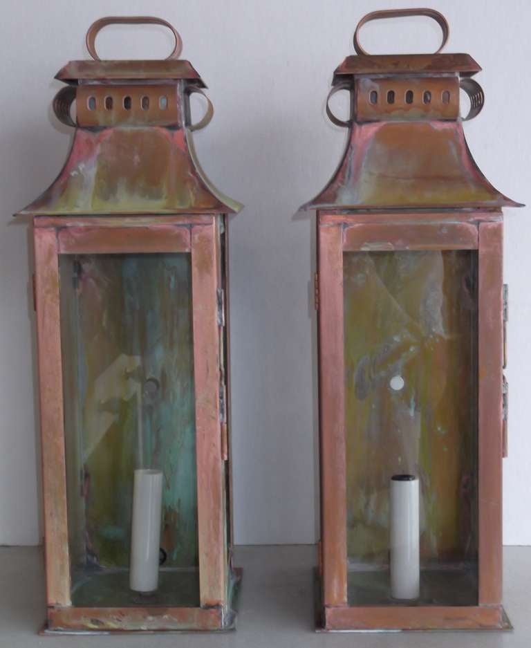 Pair Of Copper Wall Lanterns In Excellent Condition In Delray Beach, FL