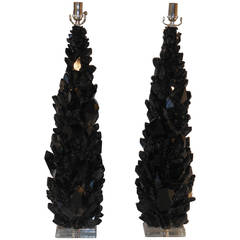 Pair of Spectacular Large Black Quartz Crystal Table Lamps